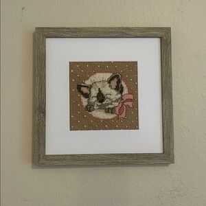 Framed Cat Embroidery Art in Brown and Pink